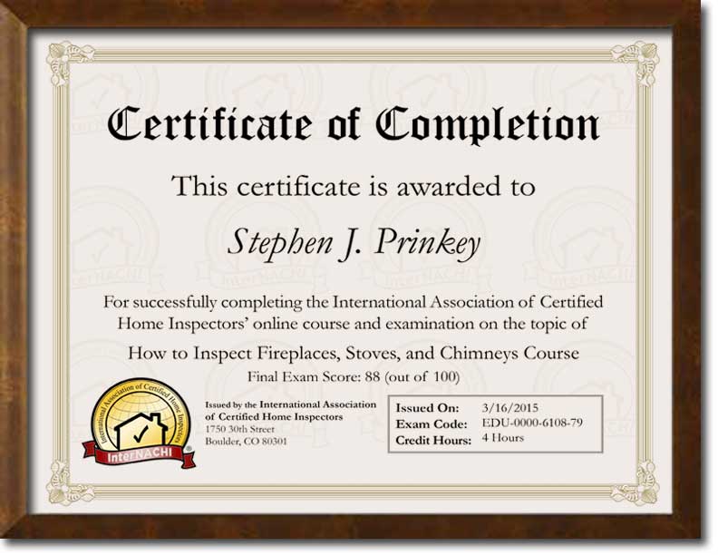 Certified Chimney and Fireplace Inspector Certificate.