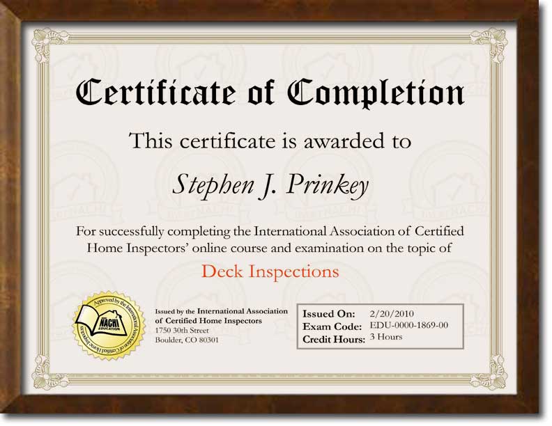 Certified Deck Inspector Certificate.